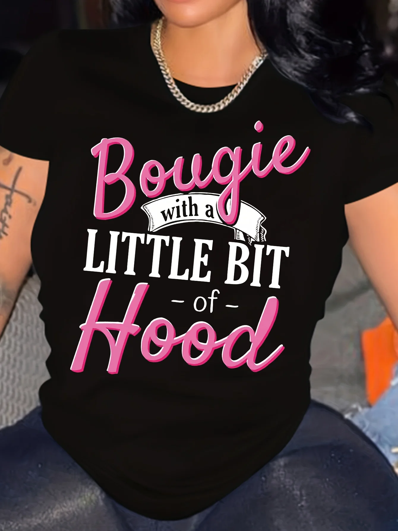

Женская футболка с буквенным принтом «Bougie with a Little Bit of Hood», повседневный топ с круглым вырезом и короткими рукавами,