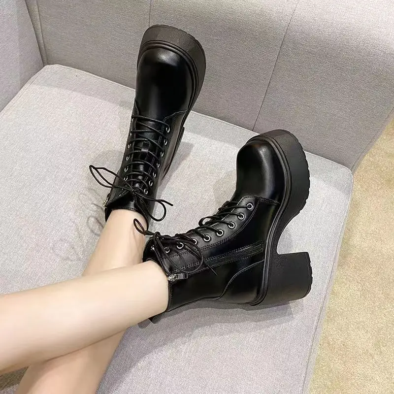 

Women's Boots Fashion Thick Heel High Heel Boots Luxury Casual Leather Boot Lace-up Platform Boot Side Zip Ladies Mid-Calf Boots