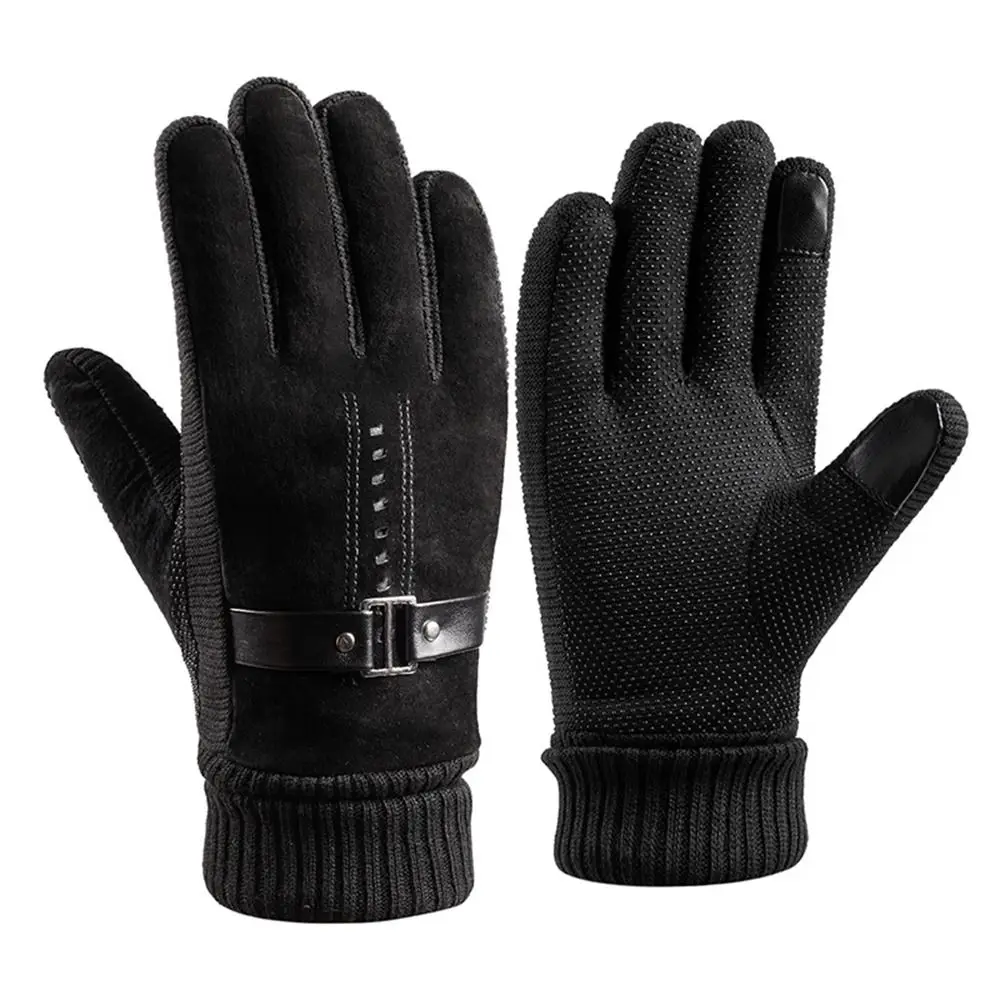 Outdoor For Male Simple Warm Suede Plush Riding Glove Non-slip Windproof Men Gloves Winter Gloves Korean Mittens PU Leather