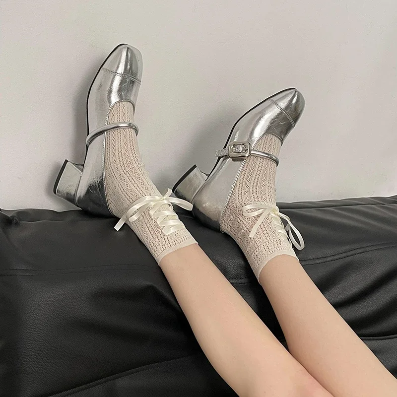 Designer Women Mary Jane Shoes Fashion Eelgant Shallow Buckle Ladies Thick Heel Shoes Comfort Dress Silvery Pumps