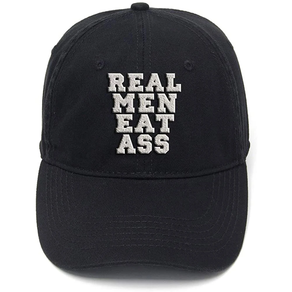 

Lyprerazy Real Men Eat Ass Funny Washed Cotton Adjustable Men Women Unisex Hip Hop Cool Flock Printing Baseball Cap