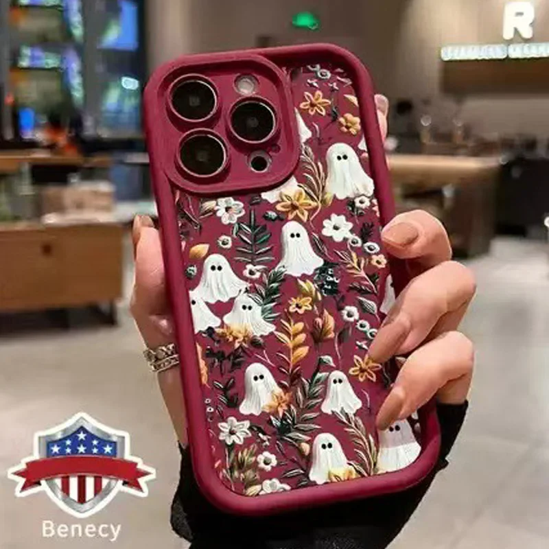 حافظة بنمط حديقة مخيفة للهالوين لهاتف 17 Pro Max 16 16e 15 14 Plus 13 12 11 Air XR X XS مصد حماية من السقوط من مادة البولي يوريثان الناعمة