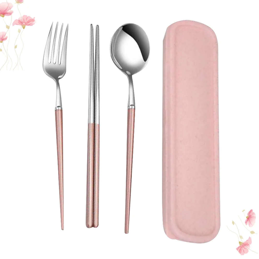 

3Pcs Stainless Steel Utensils Kit Portable Cutlery with Case for Camping Travel Picnic Office Use Adult Style Pink