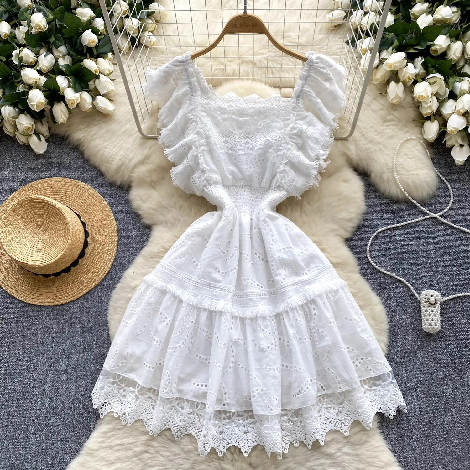 Summer French Crochet Lace Embroidery Dress Women's Ruffles Sleeveless Square Collar Hollow Out Holiday Party Mini Vestidos