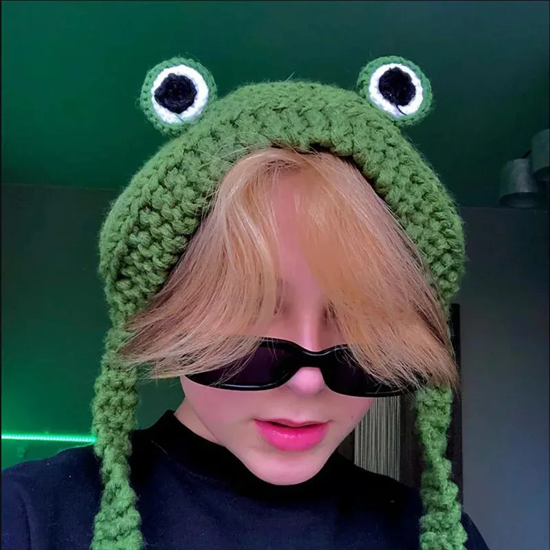 Spring Women Cute Green Frog Hat Crochet Knitted Hat Costume Beanie Hats Cap For girl Gift Hip-hop Cap Photography Prop Party