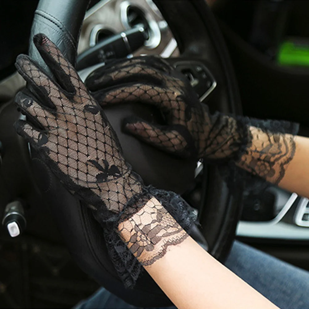 Fishnet Wedding Short Driving Lace Bow Full Finger Lace Gloves Tulle Mittens Mesh Gloves Bridal Gloves