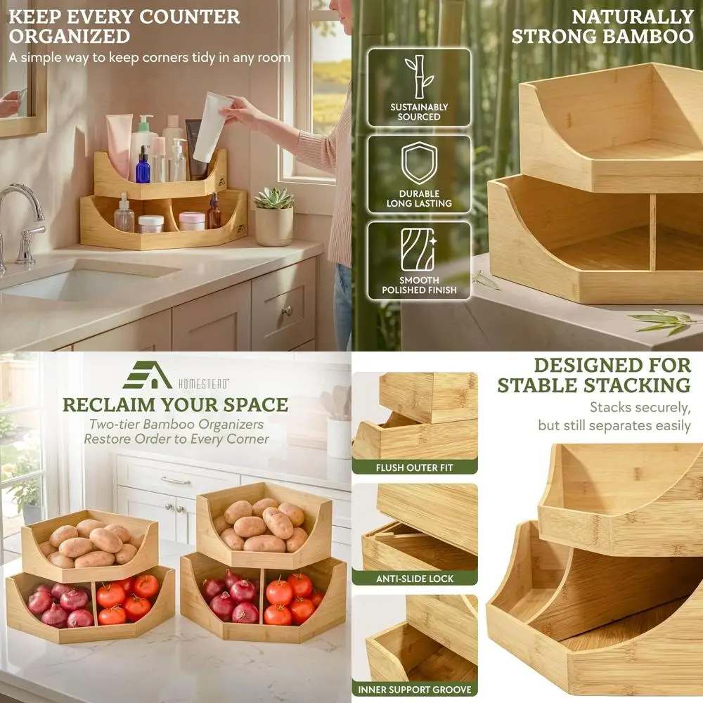 Bamboo Storage Bin, 2-Tier Stackable Potato and Onion Storage Bin or Kitchen Counter Shel, Wooden Produce Storage Pantry Organiz