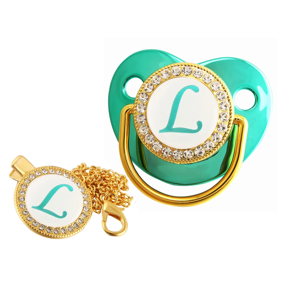 Luxury Baby Pacifier With Chain Clip Newborn Metallic Teal Green 26 Name Initial Letter Baby Dummy Soother Nipple 0-18 Months