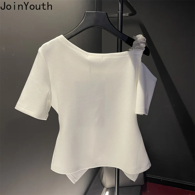 Crop Tops Tshirts for Women Solid Color Diamond Tunic Tees 2024 Ropa Mujer Slim Waist Off Shoulder Fashion Sweet Sexy T-shirt