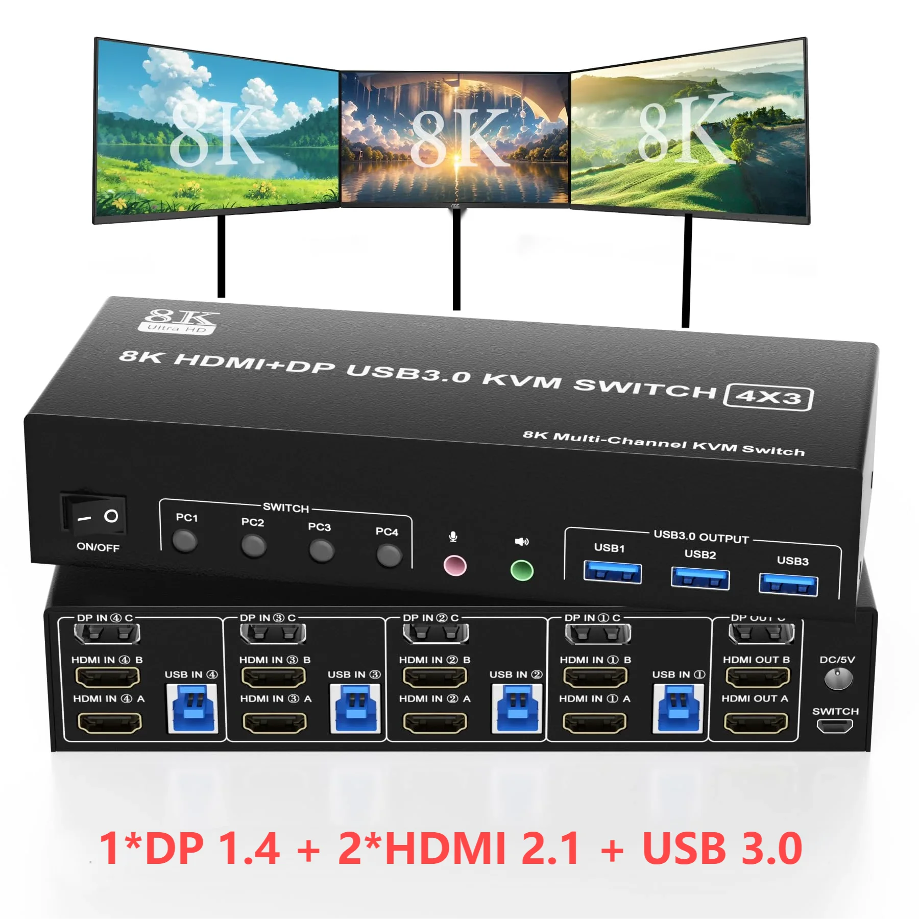 8K HDMI DP KVM USB 3.0 Switch 4x3 Triple Monitor 4K 120Hz Extended Display Displayport Switcher 4 In 3 Out for Keyboard Mouse