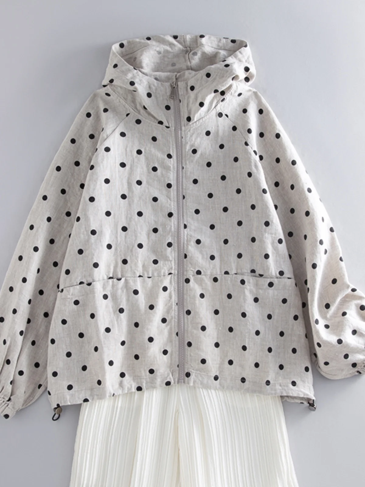 

Повседневная женская толстовка большого размера в горошек, длинный свитер на молнии с капюшоном, утягивающий хлопковый льняной открытый кардиган