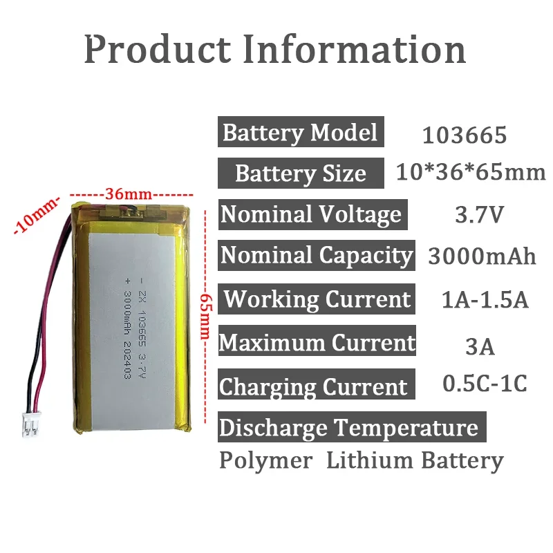 103665 Lithium Polymer Battery 3.7V 3000mAh with jst PH 2.0mm 2pin plug Open source console Miyoo Mini Plus Game machine