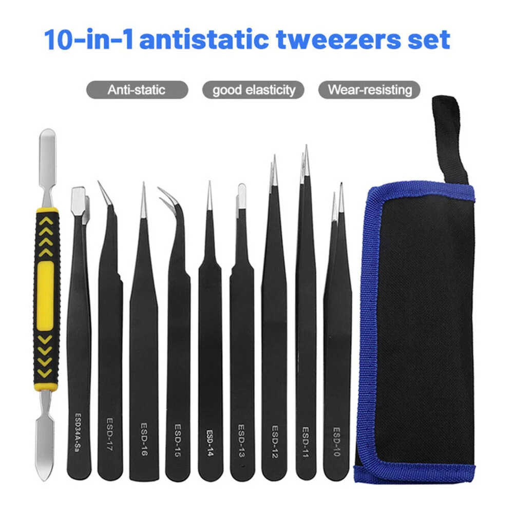 

10PCS Precision Anti-static Tweezers Set For Electronics, Soldering, Jewelry-Making, Laboratory Work Stainless Steel Tweezers