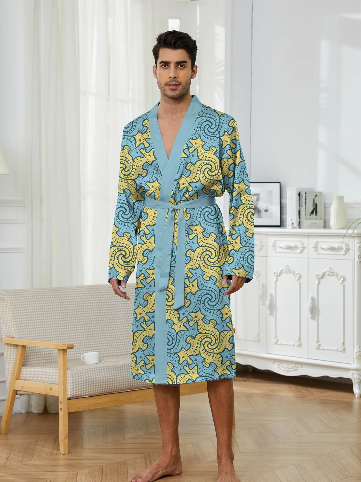 Spring and Autumn men's sleeping robe with digital printed seahorse pattern, home thin casual robe with quick drying