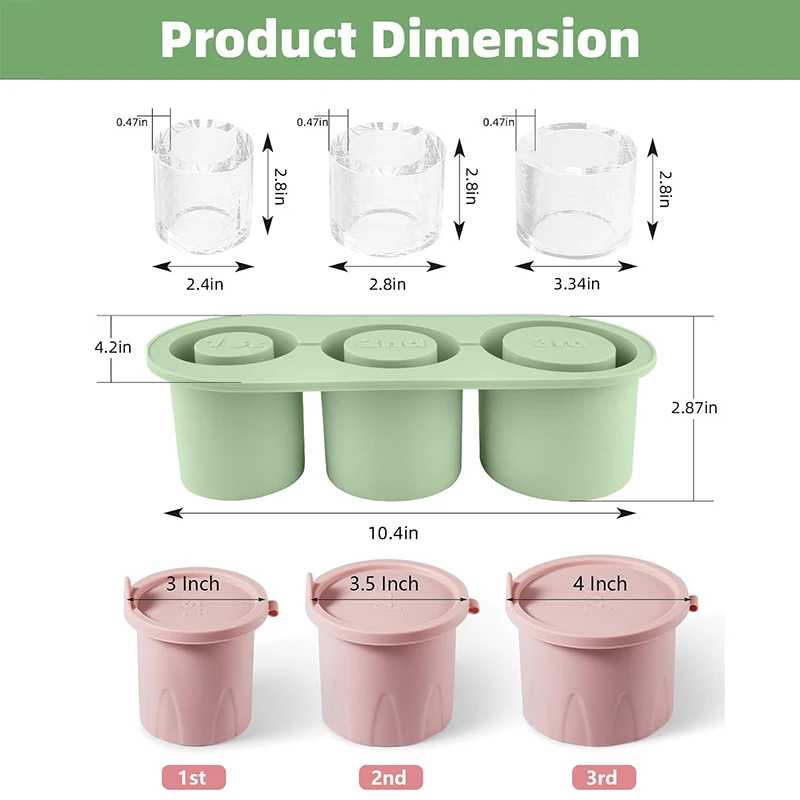 3-Grid Silicone Ice Cube Mold 20/30/40oz Cylinder-Shaped Ice Mould with Lid for Stanley Cup and Making Whiskey Beverage Cup