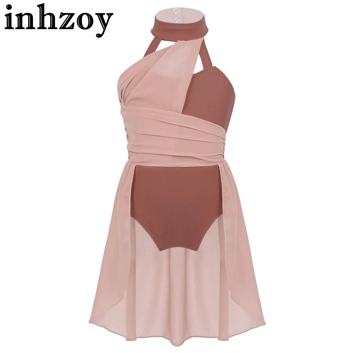 

Kids Girls Modern Lyrical Dance Leotard Tulle Dress Halter Sleeveless Ruched Chiffon Ballet Latin Jazz Ice Skating Costume
