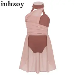 Kids Girls Modern Lyrical Dance Leotard Tulle Dress Halter Sleeveless Ruched Chiffon Ballet Latin Jazz Ice Skating Costume