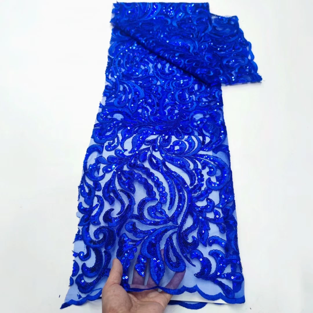 Royal Blue African Lace Fabric 2024 High Quality French Cord Embroidered Nigerian Sequins Net Lace 5 Yards For Sew Party Dresses