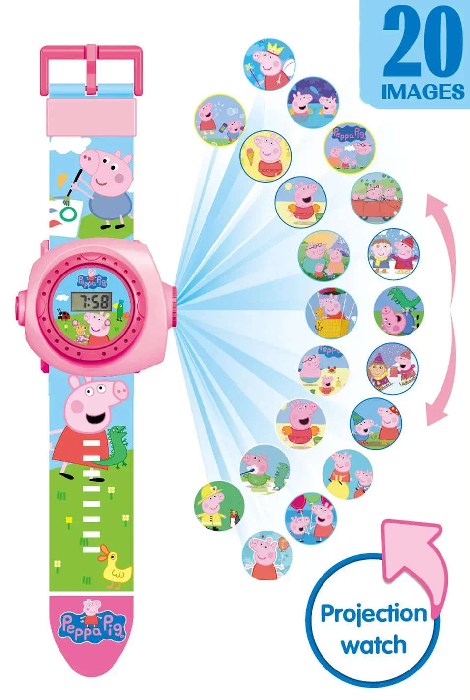 

New Arrival Peppa Pig Cartoon 3D Projection Watch Girl Anime Cute Electronic Watch Action Doll Toy Children's Birthday Gift