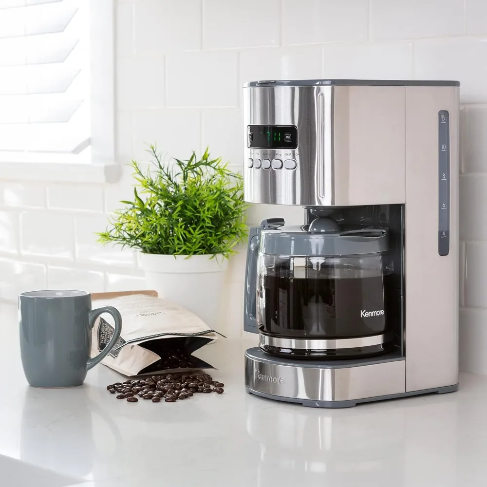 12-Tassen-Tropfkaffeemaschine, wiederverwendbarer Filter, programmierbarer Timer, Digitalanzeige, Wasserfilter, normaler, kräftiger Edelstahl