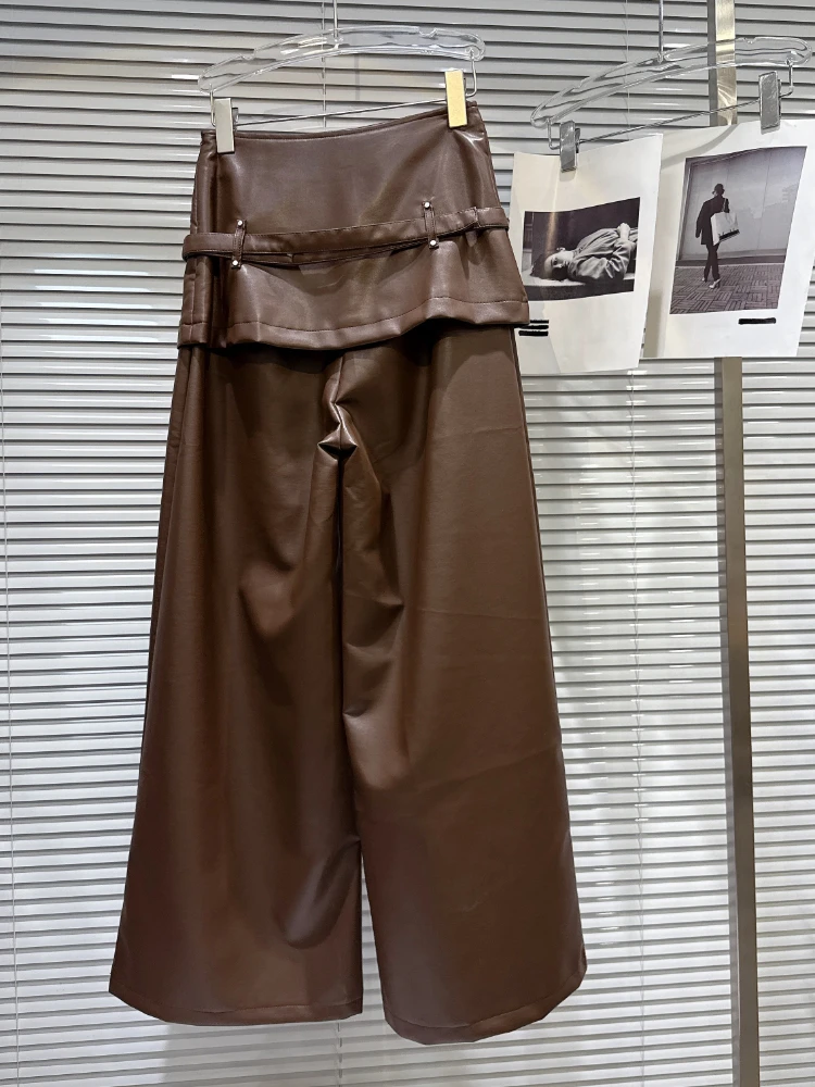 2025 Autumn New Street Style Belted Skirt Fake Two-Piece Wide-Leg Pants Cargo Pants For Women PU Leather Trousers Ladies Trendy