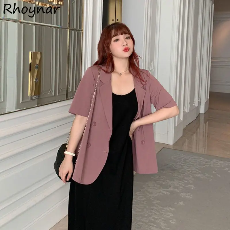 

L-4XL Pure Blazers Women Summer Temperament Office Lady Short-sleeve Ulzzang Minimalist Loose Chic Outerwear Thin Notched Trendy