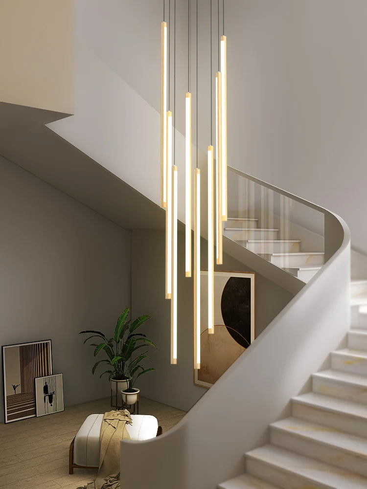 

Staircase Chandelier Nordic Wood Grain Duplex Building Rotating Chandelier Villa Ceiling Minimalist Long Strip Led Chandelier