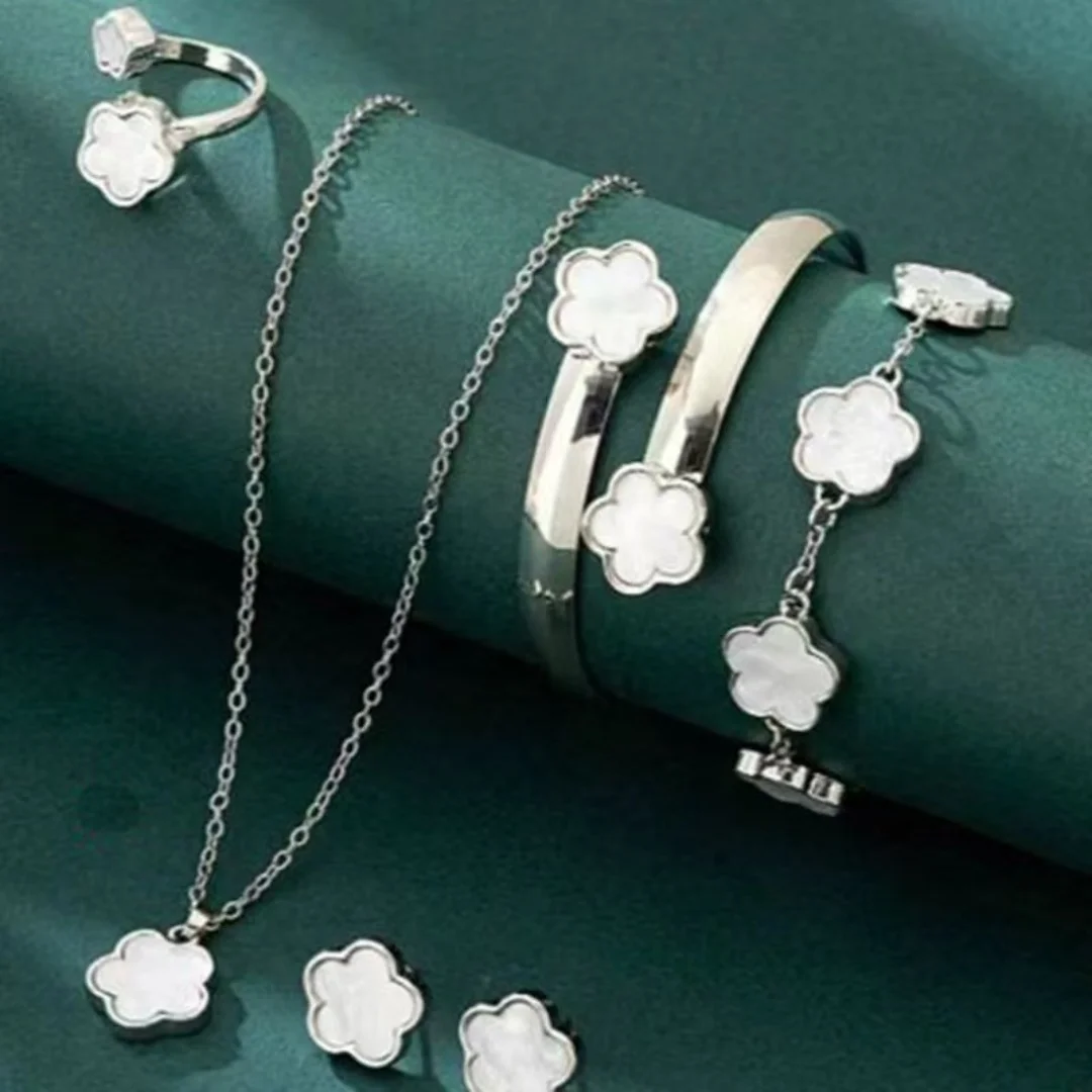 5pcs Lucky Five-petal Flower Women's Jewelry Set, Fashion Flower Bracelet + Necklace + Earrings + Bracelet + Ring, Birthday, Ann