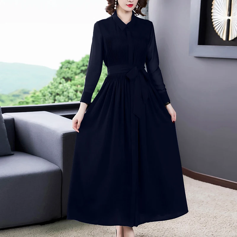 2023 Spring and Autumn New Long Sleeve Shirt Dress Women's Black Silk Loose Large Pleated Waist Belt Slim Long Dress