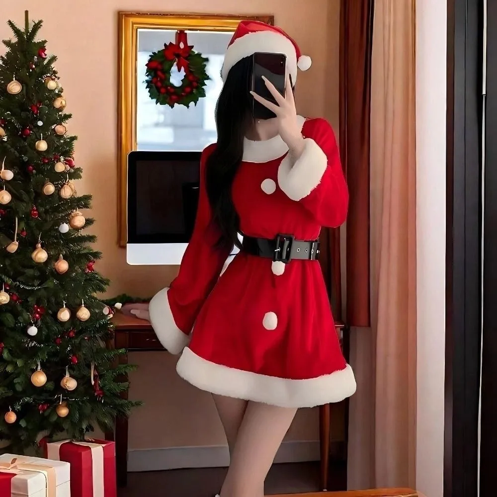 

Fashion Christmas Dress Women Pajamas Sweet Red Dress Suit New Year High Waist Long Sleeve Nightwear Girl