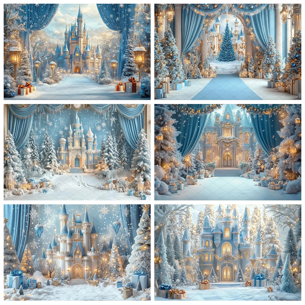 

Winter Frozen Castle Photography Background for Girl Princess Birthday Xmas Tree Blue Backdrop Kids Indoor Photo Studio Props