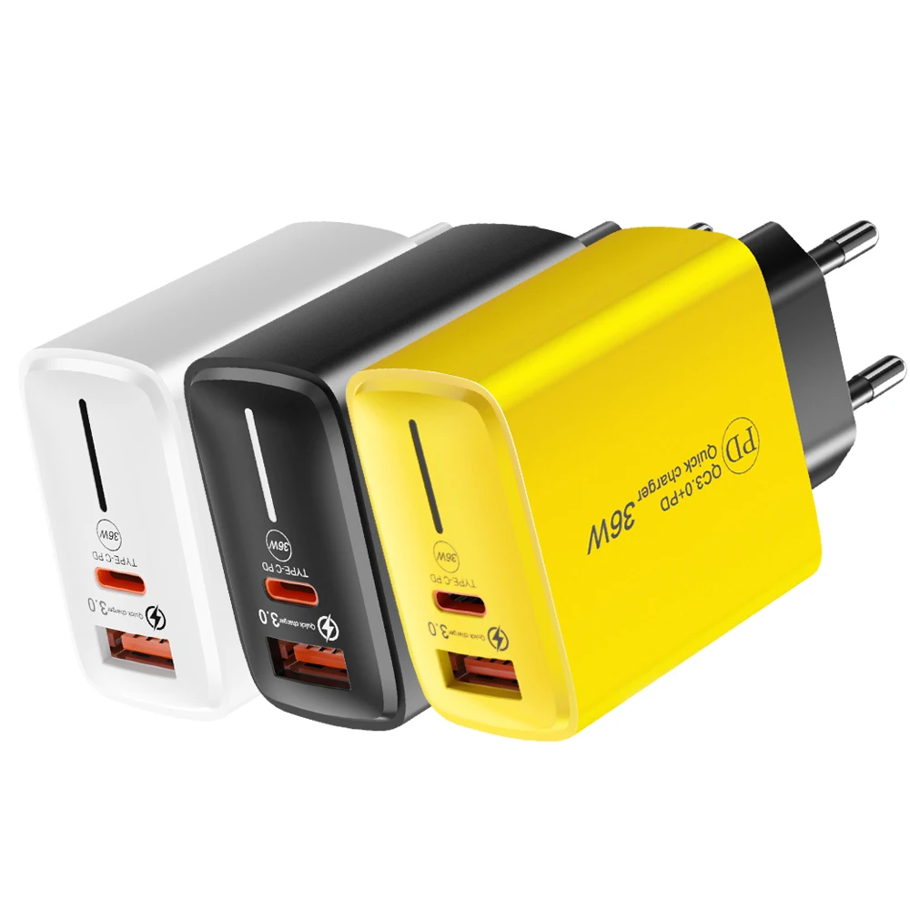 

Настенное зарядное устройство USB C мощностью 36 Вт с быстрой зарядкой QC3.0 и PD, дорожный адаптер с вилкой европейского/американского стандарта для телефонов и планшетов iPhone 15/Samsung/Xiaomi
