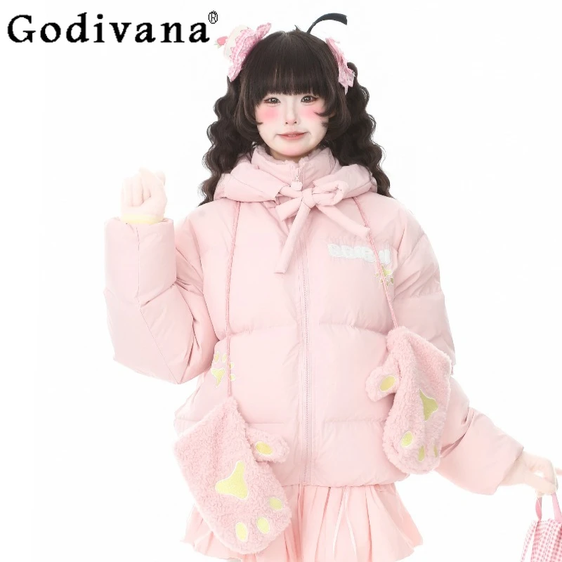 سترات شتوية بغطاء للرأس مطرزة للنساء بأكمام طويلة سترات لطيفة مع قفازات معطف دافئ وردي على الطراز الياباني للسيدات #3