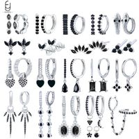 925 Sterling Silver Ear Buckles Fashion Hoop Earrings Black Crystal Pendant Silver Earrings High Quality Women's Jewelry Gifts