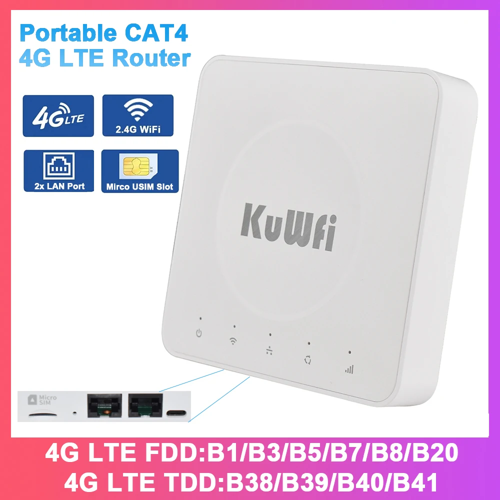 

KuWFi CAT4 4G Modem Router 300M 2.4G Wi-Fi6 Router Portable 4G LTE Router Built-in Antennas Type-C Power Port LAN Port SIM Slot