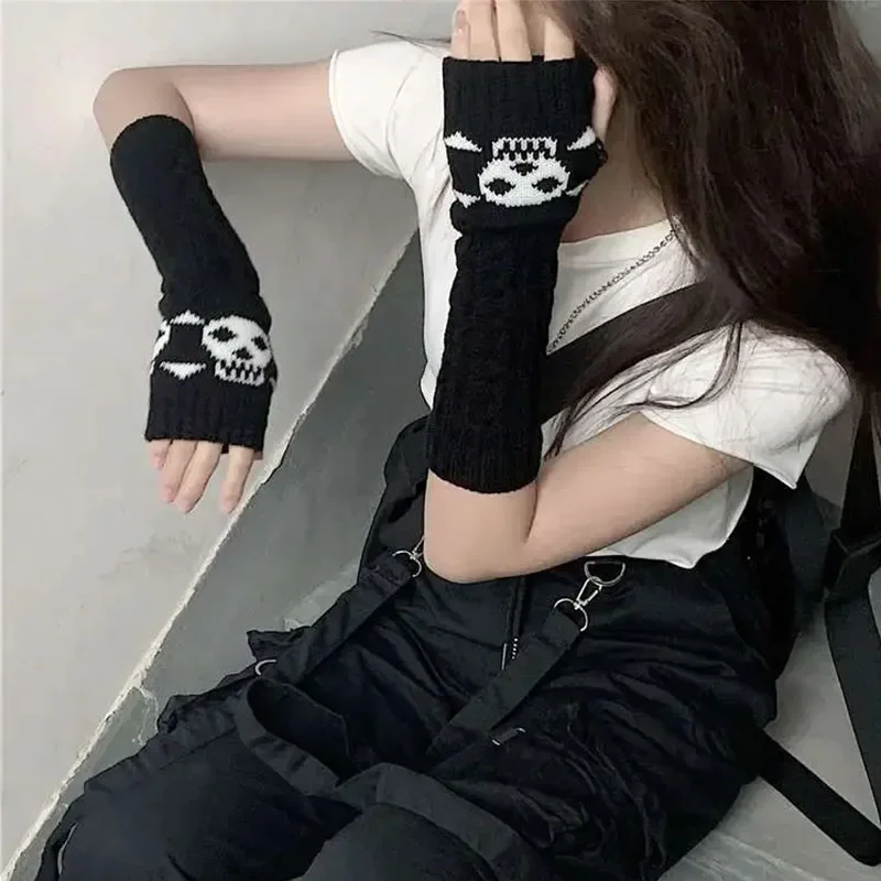 Gothic Girls Knitted Skull Gloves Men Women JK Cos Cool Punk Elbow Length Arm Warmers Hipster Black Winter Long Mittens