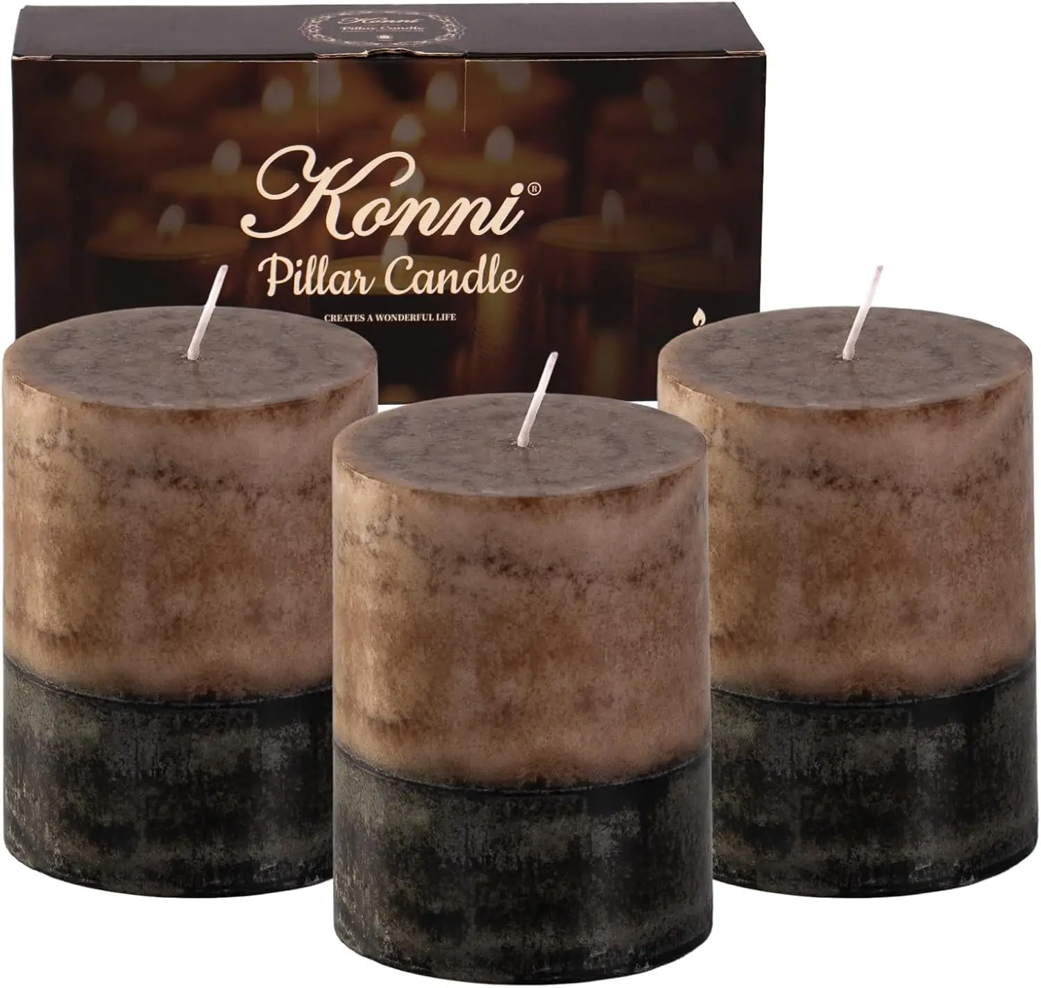

Coffee Layered Pillar Candles Set of 3, 3'x 4' Unscented Pillar Candles Bulk, 39 Hours Long Burning