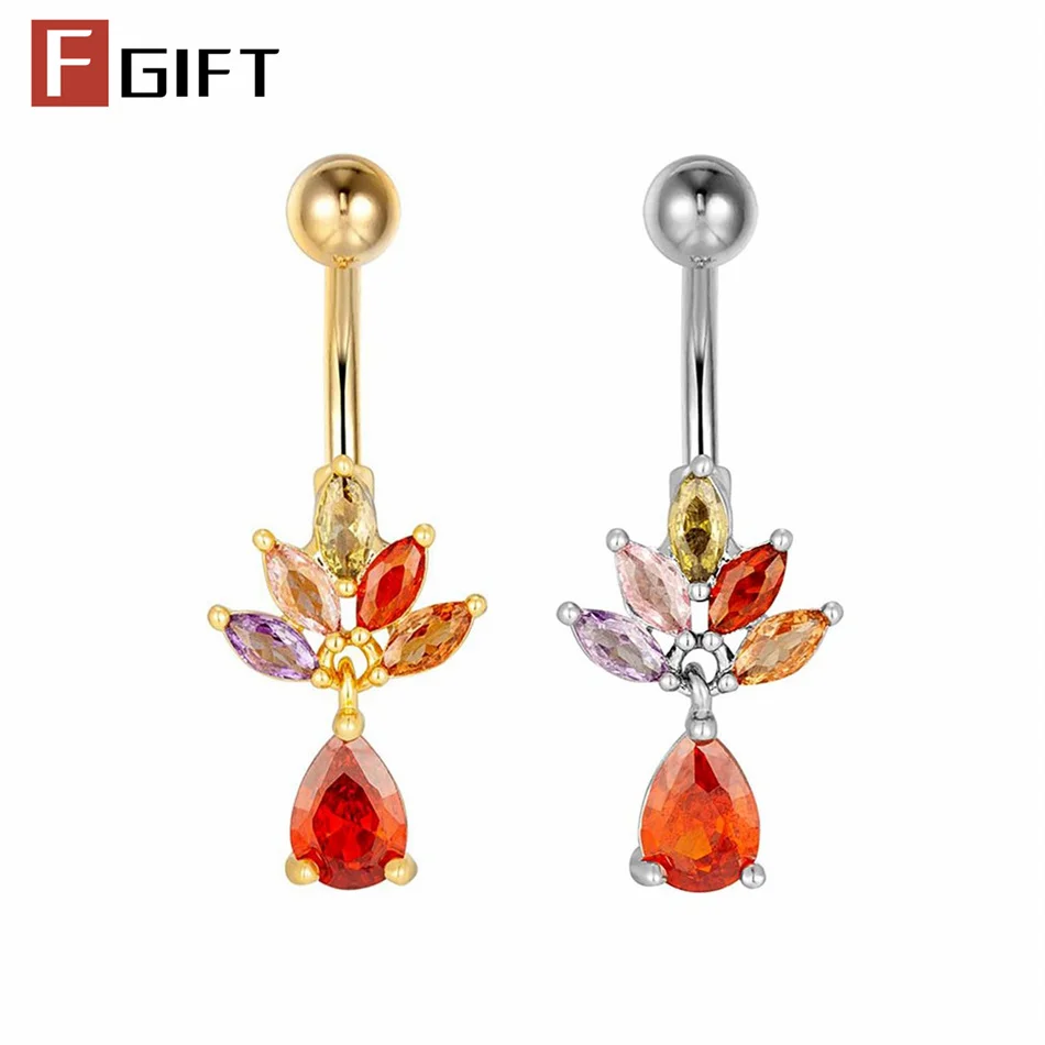 Piercing de nombril en titane pour femme, avec cristal coloré, motif lotus yoga, zircon goutte d'eau, 14G, 6-16mm au choix