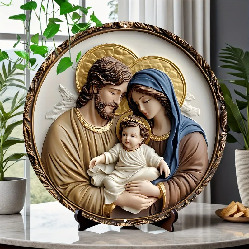 

Round Aluminum Jesus Holy Family Sign, Vintage-Inspired Jesus Birth Plaque, Perfect Decor for Home, Office, and Holiday