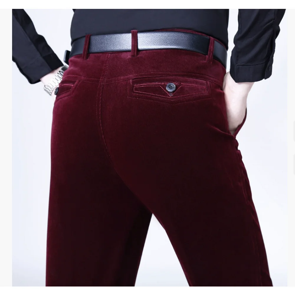 남성용 하이웨이스트 코듀로이 팬츠 가을 겨울 비즈니스 플란넬 바지 신축성 있는 허리 편안한 착용감 플란넬 바지