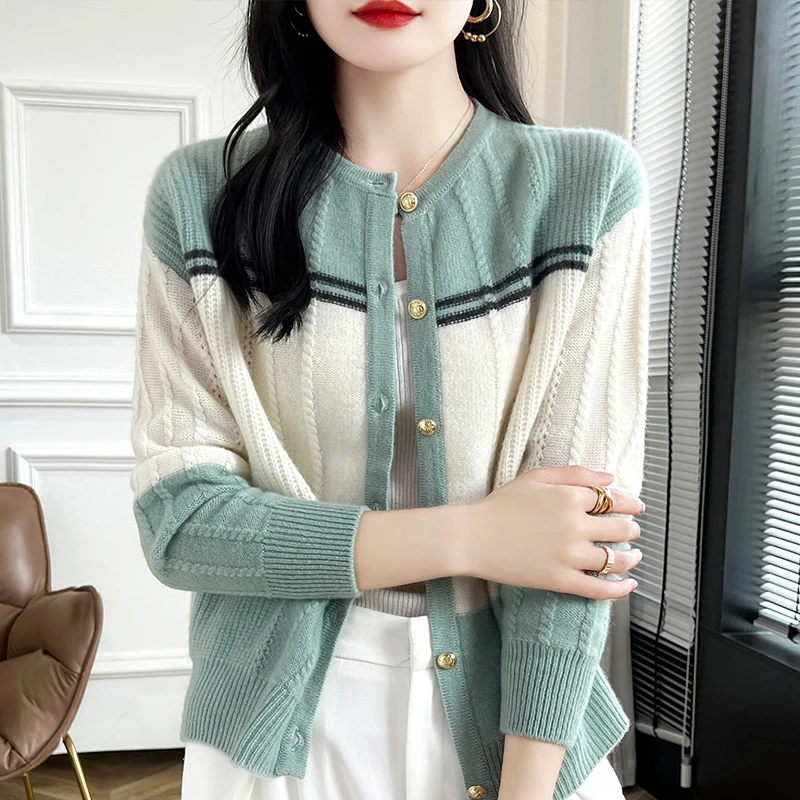 Autumn Winter Contrasting Sweater 100% Wool Women\'s Round Neck Knitted Cardigan Casual Large Size Fashion Korean Clothing Tops