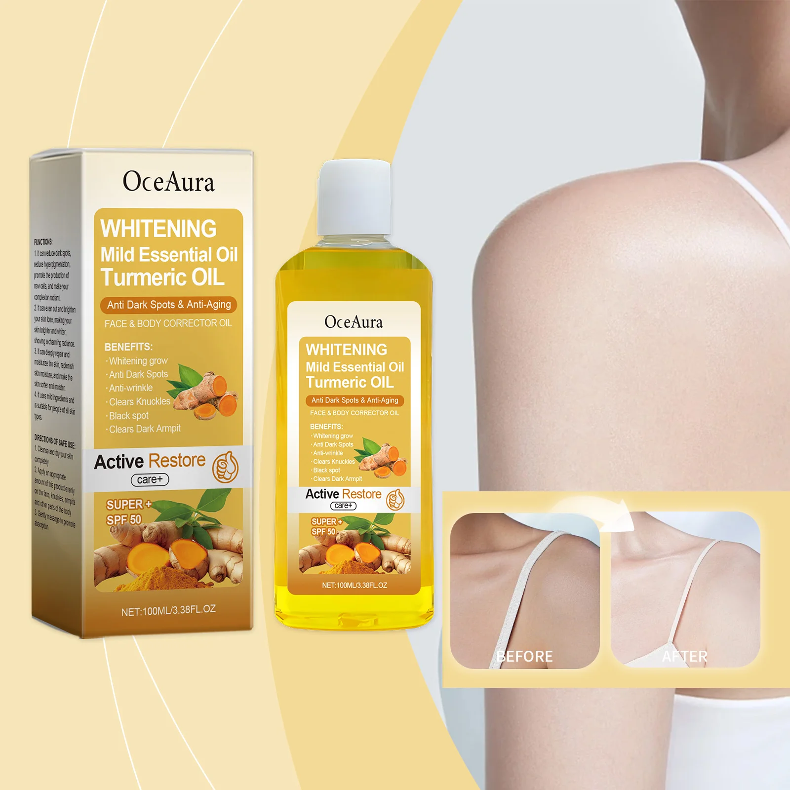 ホワイトニング ターメリック エッセンシャル オイル – ダークスポット防止、アンチエイジング、ブライトニング フェイス & ボディ コレクター オイル SPF50、100ml