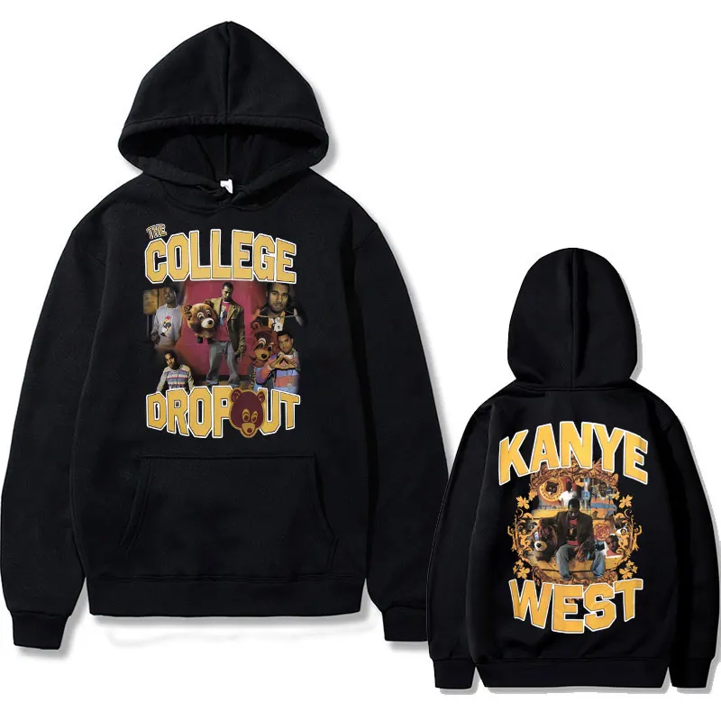 

Rapper Kanye West College Dropout Music Album Bear Hoodie Men Women Oversized Black Hip Hop Hoodies Male Black Hooded Pullover