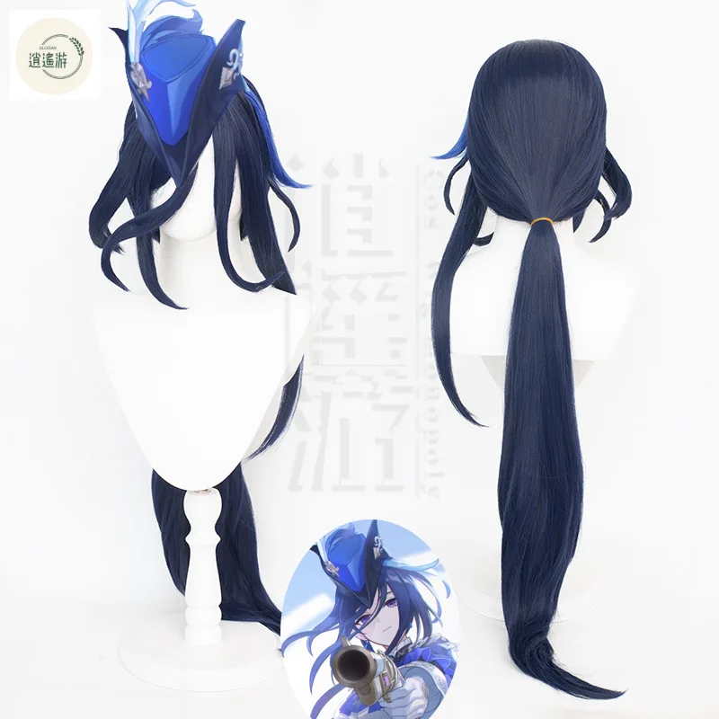 Clorinde cosplay peruca jogo genshin impacto 105cm azul misturado resistente ao calor cabelo sintético halloween anime clorinde perucas + peruca boné