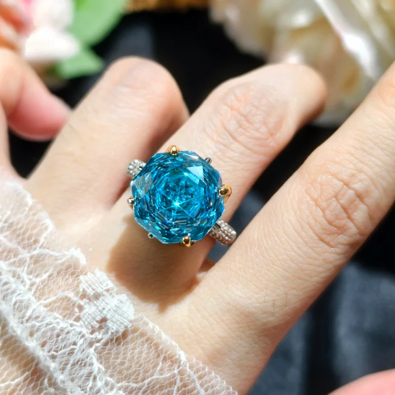 

Large Carat Rose Cut Aquamarine Zircon Necklace Earrings Ring Set for Women High-End Elegant Date Gift