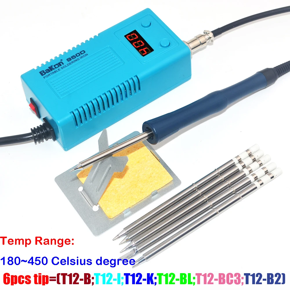 BAKON Solder Mini portabel, stasiun Solder BGA Digital portabel besi 110V/220V 75W dengan ujung T12-I untuk FX-951/936 + kawat Solder