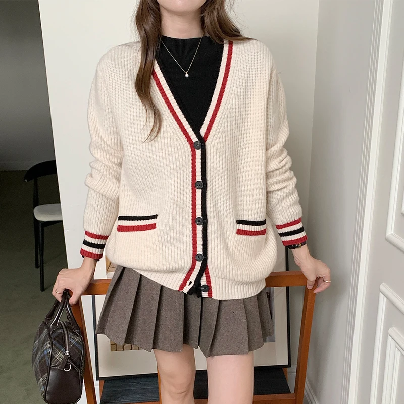

Women's 100% Australian Wool Cardigan with Striped Border Knitted Red & Black Contrasting Three-Line Decoration Matching Design