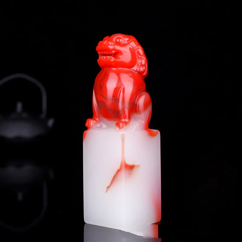 Xinjiang Gobi Bloodstone Seal Lion Square Decoration Crafts Carving Wenwan Jewelry