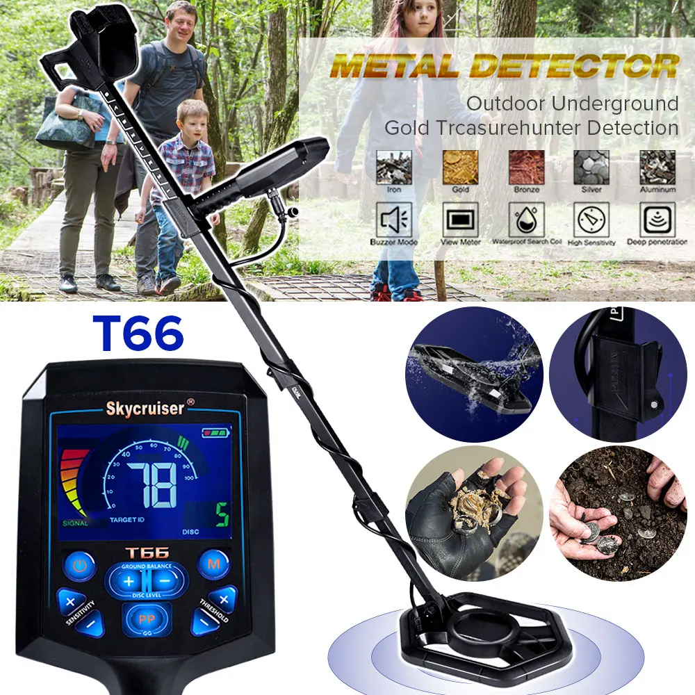 T66  Portable Folding Underground Gold Detector LCD Display Outdoor Hand-held Metal Detector Seeker Treasure High Accuracy