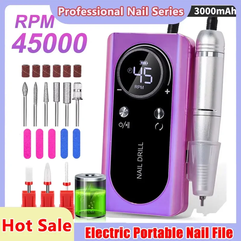 

45000 об/мин, комплект дрели для ногтей, перезаряжаемая электрическая портативная шлифовальная машинка для ногтей, пилка для гель-полировки ногтей для маникюрного салона, дома